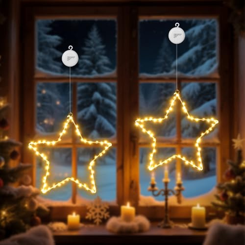 CCILAND 2 Stück Stern Weihnachtsbeleuchtung Fenster, 120 LED Weihnachtsstern Beleuchtet Batteriebetrieben mit Saugnäpfe, 4 Modi Timer Fenster Sterne Lichter für Hochzeit Deko (Warmweiß)