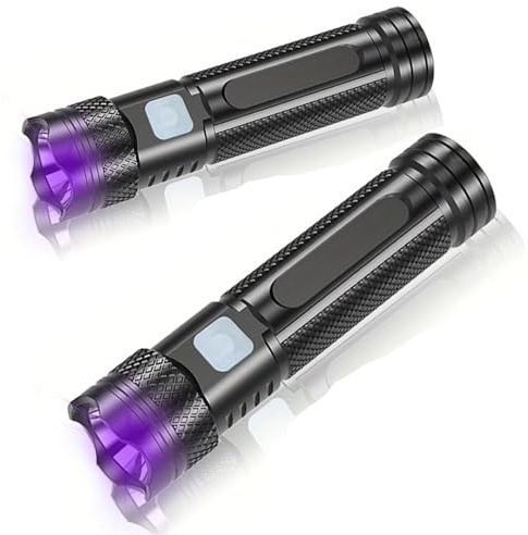 MODOAO Torcia UV da 365 nm, ricaricabile tramite USB, mini luce viola e luce nera, utilizzata per test delle urine degli animali domestici, autenticazione di valuta e verifica antica (confezione da 2)