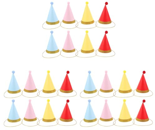 Alipis 24 Gorros de Fiesta en Forma de Cono - Gorros de cumpleaños para niños pequeños con Pompones y Borde Dorado - Tocados de Papel para Fiestas Infantiles, Celebraciones y decoración de Festivales