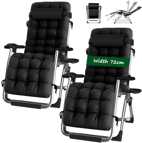 Loungesessel 2er Set Klappbar Outdoor Indoor Liege mit Getränkehalter Perfekt für Terrasse Terrasse Strand Pool - Schwarzes Kissen