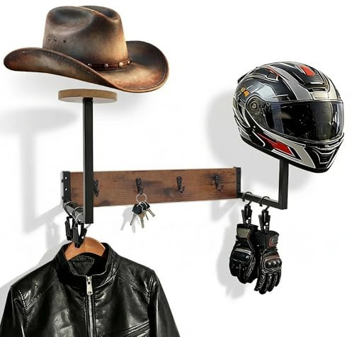 GHWMYD Porte Casque Moto Mural, Support Chapeaux Rétro pour Accrocher 2 Casquette de Moto et 4 Veste Crochets 4 Pinces Accessoires de Rangement pour Moto, Support Mural pour Équipement de Police