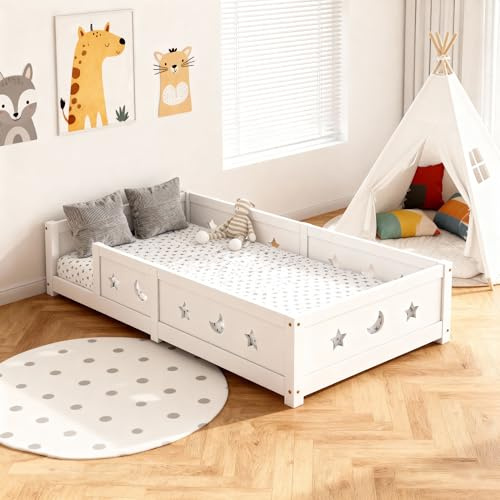 BLSYHDH Lettino Montessori, 90 x 200 cm, letto a pavimento in legno, per bambini, con protezione anti-caduta, adatto per ragazzi e ragazze (bianco 1, 90 x 200 cm)