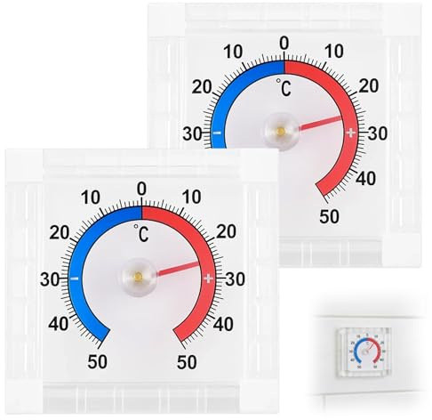 Pack de 2 termómetros para exteriores, resistente a la intemperie, termómetro de ventana exterior con adherencia, termómetro analógico para ventanas y frigoríficos, rango de temperatura de -50 hasta +