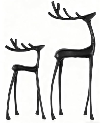 Reindeer Figurine Statues Deluxe Set of 2 – Life-Sized Entryway Decor for Porch, Garden, or Indoor Spaces – Antique Finish, Weather-Resistant, No Assembly Required – Elegant Stag Sculpture (Black)