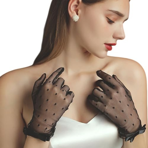Wynrzyj Guantes de encaje con lunares para novia, bodas, eventos, noches, fiestas, reuniones, transparentes, cortos con puños de lazos de novia, Negro , Talla única