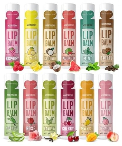 12 Stück Fruchtiges Lippenbalsam Set, Lipgloss Set mit Feuchtigkeitspflege | Lippenpflege für Sehr Trockene Lippen, Lippenpflegestift Geschenk für Teenager Mädchen & Frauen, Praktisch für Unterwegs