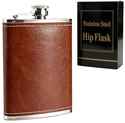 Stainless Steel Hip Flask, 8 oz Flask Alcohol Leak-Proof Portable Pocket Whisky Flasks with Brown Leather Surface for Men & Women Camping, Climbing, Travel and Gifting