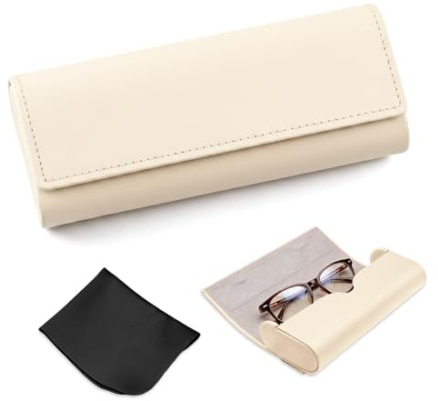 HMCEY Custodia Rigida per Occhiali 16.2 X 6.5 X3.3 CM,Custodia Occhiali da Sole con Panno per la Pulizia, Glasses Case,Portaocchiali da Vista Astuccio Rigidoper Lavorare, Viaggi, Shopping - Beige