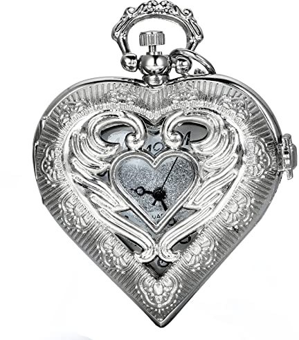 JewelryWe Vintage Silver Tone Heart Locket Style Pendant Pocket Watch Necklace for Lady Women, 30-inch Chain