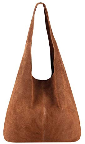 OBC Made IN Italy Damen Leder Tasche Handtasche Wildleder Shopper Schultertasche Hobo-Bag Henkeltasche Beuteltasche Velourleder (Braun (Wildleder))