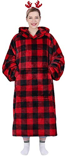 Waitu Wearable Blanket Hoodie Sweatshirt Gifts for Adult and Child, Warm and Cozy Giant Hoodie Blanket for Women and Men, Flannel Blanket with Sleeves - Red and Black Plaid