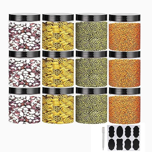 YBCPACK 12 Pack 16oz(500ml) Plastic Jars With Lids, Labels, 1 Pen, Clear Plastic Storage Jar for Food Storage, Craft Storage, Pantry Storage jar For Dry Food, Snack, Peanut, Powder, Spice