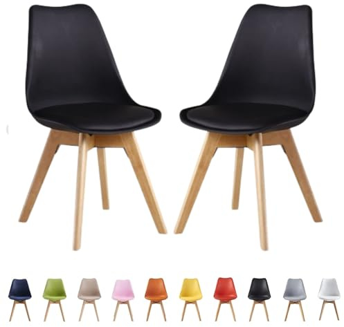 Single Set of 2/4/6 Retro Modern Dining Chairs – Lorenzo Plastic Chairs with Cushioned Pad Seat & Solid Beech Wooden Legs - Side Chair for Living Room Kitchen Office Lounge (Black, Pack of 2)