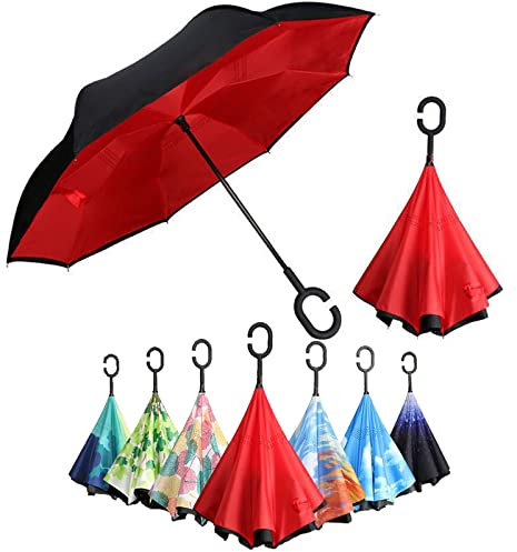 Doppelschichtiger, umgekehrter Regenschirm mit C-förmigem Griff, UV-Schutz, wasserdicht, winddicht, umgekehrt nach unten, langer Stockschirm für Regen, Outdoor, Auto, rot