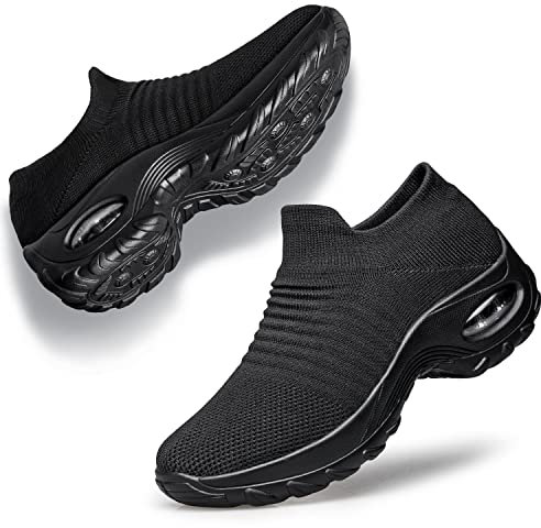 Raoendis Womens Arch Support Trainers Slip on Walking Shoes, Ladies Breathable Mesh Sneakers Comfortable Orthopedic Shoes with Air Cushion Black Size 7