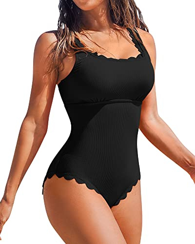 Charmo Womens Scalloped Ribbed One Piece Swimsuits Retro Square Neck Modest Bathing Suits Black M
