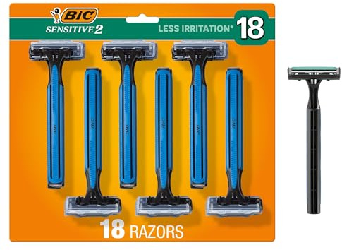BIC Sensitive 2 Disposable Razors for Men With 2 Blades for Sensitive Skin, 18 Count Value Pack of Shaving Razors
