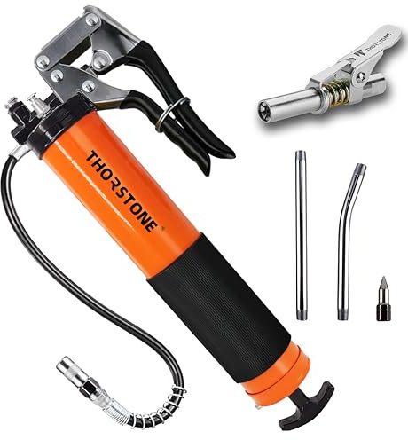 Thorstone 7000PSI Heavy Duty Pistol Grip Grease Gun Kit | 14oz Load Capacity | 18 Spring Flex Hose | 1 Lock Coupler | 1 Reinforced Coupler | 1 Sharp Type Nozzle | 2 Extension Rigid Pipe