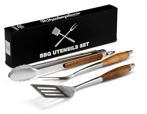 Räucherphorie Premium Grillbesteck - Robustes 3-teiliges Grill-Set aus rostfreiem Edelstahl - Grillzange, Fleischgabel, Grillwender