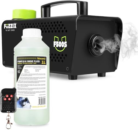 Fuzzix F500S 500W Party Fog Machine with Wireless Remote & 1L Green Smoke Fluid - Compact Disco Fogger for Home Parties, DJ Setups, Events, Halloween Decorations & Special Effects