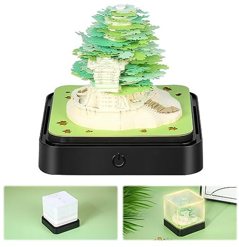 Schreibtischkalender mit Lichtern, 2026 Schreibtisch Kalender 3D Memo Pad Papier Kunst Sakura Baum Kreative 3D Notizblock Papier Schnitzen Geschenk Desktop Dekoration Battery not included(Grüner-Baum)