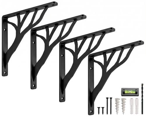 Rustic Tree Black Heavy Duty Shelf Brackets 6 inch by Balin Designs, Decorative L Brackets, Iron Metal Floating Shelf Bracket, Wall Mount Shelving Bracket, Included Hardware, Set of 4