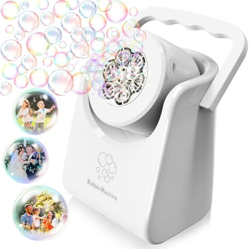 Bubble Machine for Kids Automatic Bubble Blower for Toddlers Rechargeable Battery Operated Portable Bubble Maker for Little Boys Girls Fun Electric Bubble Toy Rotated 90°/360° Party (Portable White)