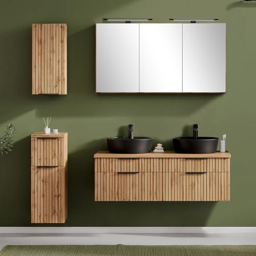 Lomadox Badmöbel Set 4-teilig inkl. Doppelwaschtisch 120cm in Eiche, Fronten gestreift | Aufsatzbecken schwarz, Spiegelschrank mit LED