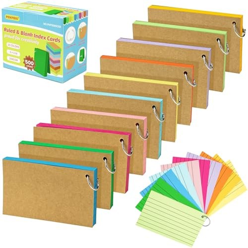 500 Fiches (10 Lots) à Lignes - 10 Couleurs - Cartes de Révision 5x3 [127x77mm] - Fiches Multicolores pour Bureau, École, Maison - Réf. PAP06MX500