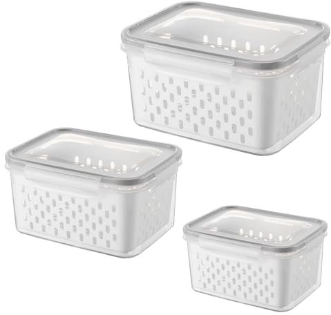 3er Aufbewahrungsbox, Frischhaltedosen für Kühlschrank Frischhaltedosen Obst Gemüse mit Deckel und Abtropfsieb Doppel Kühlschrank Organizer Vorratsdosen Set (grau)