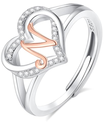 INFUSEU Anillo Iniciales, Plata de Ley 925 Anillos Abiertos Letras N Forma Corazón Nombre Inicial Alfabeto A-Z Joyería Personalizada Ajustable Regalos para Mujeres Damas Niñas
