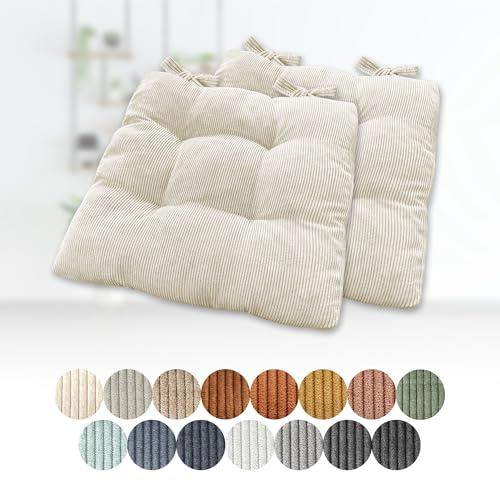 Lsjoaw 2er Set Sitzkissen 35x35x6cm Polster Auflage Gemütliche Stuhlkissen mit Bindebänder Sitzpolster Stuhlauflage Sitzpolster für Gartenstuhl Küche oder Esszimmer Quadrat Cordstoff Weiß
