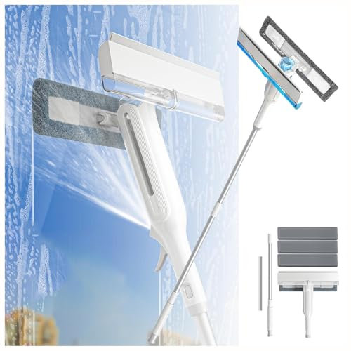 RYJYQYX 4 in 1 Spruzzo Lavavetri con Raccoglitore Acque Nere E 3 Panni, Lavavetri Professionale con Asta di Prolunga Pulizia Vetri Finestre per Vetri Interni/Esterni,Vetri Auto