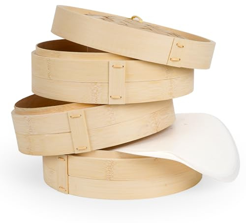 Lanmik 10 Inch 3 Tier Bamboo Steamer Basket with 50 Parchment Papers, For Kitchen, Dumplings, Buns, Dim Sum
