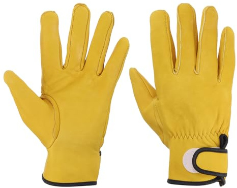 sourcing map Goatskin Leather Work Gloves with Hook and Loop, Driver Gloves Garden Glove for Driving, Gardening, Welding, Construction, Yellow, XXL, Pair of 2