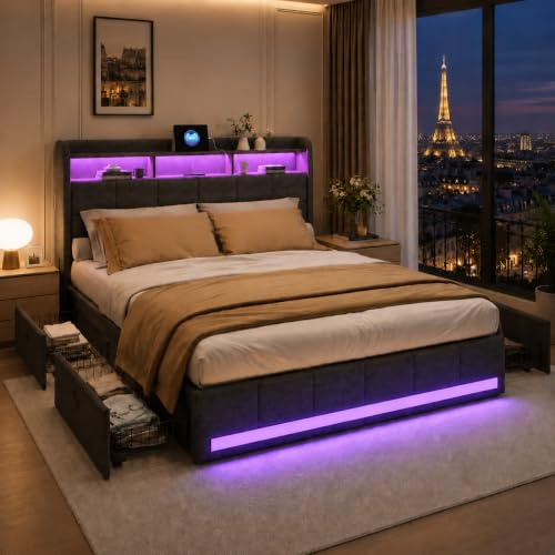 Lit 160x200 avec sommier éclairage LED et Charge USB, Lit Double rembourré avec 4 tiroirs et tête de lit de Rangement,en Lin, Lits 2 Personnes pour Adultes et Adolescents (Gris, 160 x 200 cm)