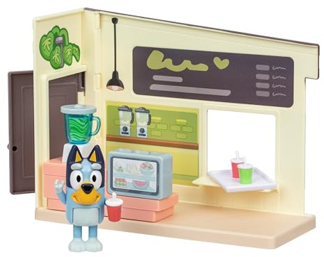 BlueY Blueys Mini-Saftbar-Spielset, enthält Figur mit beweglichen Gelenken, hilf beim Herstellen köstlicher Säfte und Smoothies im Mixer, enthält tolle Fruchtsticker zur Dekoration der Saftbar