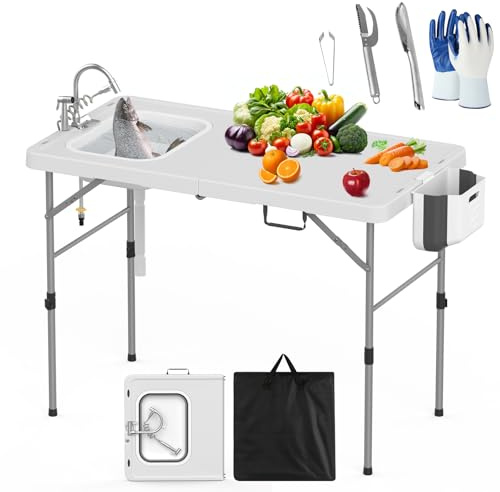 HLPB Mesa plegable de limpieza de peces con fregadero, mesa plegable portátil de camping con manguera de drenaje y kit de limpieza de peces, mesas de fregadero al aire libre para picnic, patio