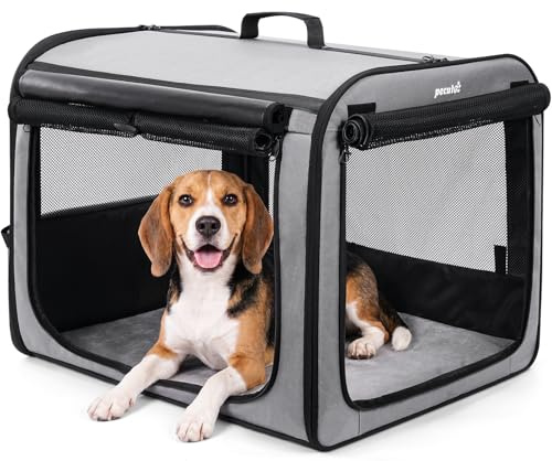 pecute Large Dog Car Carrier Light Weight, 68.5×52×52cm Dog Carrier for Cars, Portable Dog Car Crate with Breathable Windows, Stable Pet Carrier for Both Indoor and Outdoor Use, Pet Travel Crate Grey