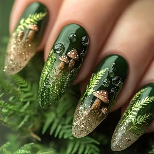 Shimmerz 24 pièces Autocollants Ongles Brillants Verts, Ongles Artificiels en Forme d'Amande Moyenne, avec Motif de Champignon et Feuille Dégradé Recouvrant