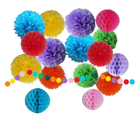 Party Deko für Fasching Karneval, Pompons zum Basteln mit Bunte Girlande Geburtstagsdeko Faschingsdeko Karnevalsdeko Kindergeburtstag Deko Geburtstag Mädchen Regenbogen Wabenbälle