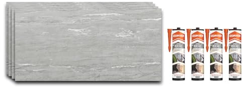 IZODEKOR SPC - Pannello da parete effetto cemento, effetto pietra, grigio, 60 x 120 cm, 4 pezzi + 4 adesivi impermeabili, resistenti al calore, paraschizzi, rivestimento da parete in PVC, per cucina e