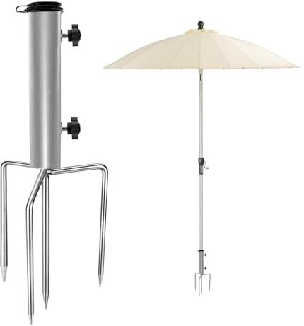 GROHPF Sonnenschirmständer mit Rasendorn, Erdspieß Sonnenschirm mit 4 Heringen, Abnehmbar Einstellbar Robuster Bodenanker aus Metall, Sonnenschirmhalter für Angeln, Gras, Garten, Strand Camp