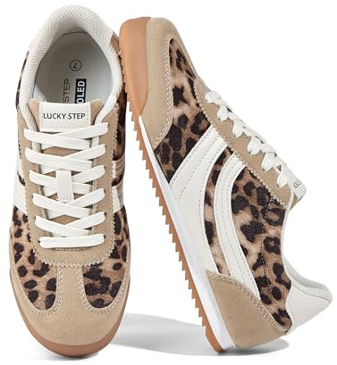 LUCKY STEP Women's Fashion Sneakers Thin Sole Lace up Tennis Shoes Lightweight Walking Running Gym Workout Classic Retro Footwear Anti Slip Trainers(Leopard,7 B(M) US)