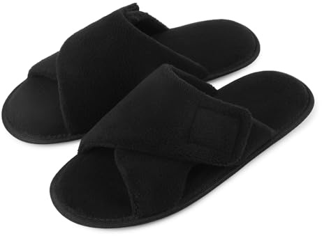 riemot Mens Slipper Open Toe Adjustable Slippers Comfy Fluffy Memory Foam Diabetic Anti-Skid House Shoes Black UK 10/11