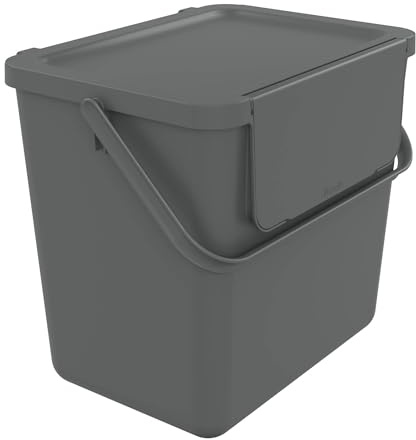 SUNDIS Loops, poubelle de tri 25L, avec couvercle, anse, gris | Rectangulaire, en plastique recyclé, pour cuisine, cantine, restaurant, salle de pause, combinable avec d'autres tailles