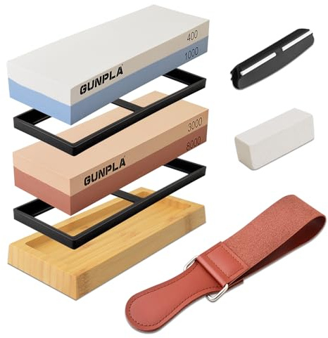 GUNPLA Professional Whetstone Sharpening Stone Set, 4 Side Grit 400/1000 3000/8000, Japanese Sharpener Kit with Angle Guide, Non-Slip Bamboo Base & Flattening Stone for Kitchen Knives, Scissors, Tools
