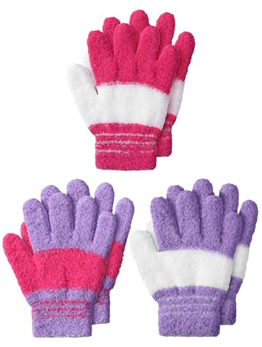 Geyoga 3 Pairs Winter Gloves Kids Magic Full Fingers Stretchy Gloves for Boys and Girls Warm Knitted Mittens for Toddler(Warm Color,4-7 Years)