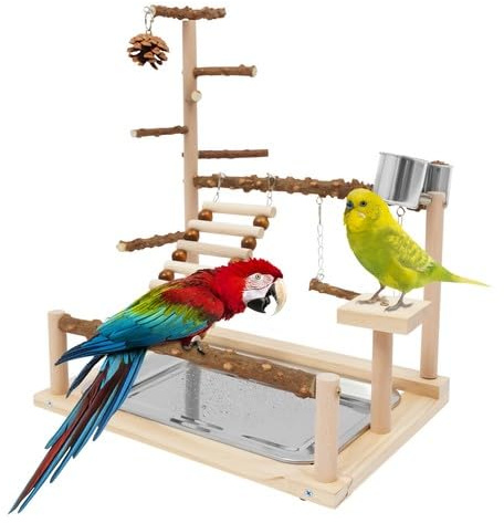 DWIKRYT Papageien-Spielplatz, Vogelspielplatz Holz Papageienständer mit Feeder-Cup, Schaukel, 37 * 26 * 45 cm, Wellensittich Spielplatz Hängend für Kleine und Mittelgroße Vögel