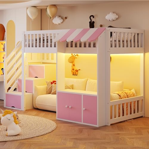 Merax Holz Hochbett 90×200 cm, mit Stauraumschrank, Treppe mit Staufächern, offener Unterbereich, mehrfarbiger LED-Lichtleiste, Lattenrost, Einzelbett, Weiß & Rosa (ohne Matratze)